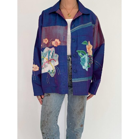 90s vintage blue shiny floral embroidered patchwork light silk button up jacket - Picture 2 of 10
